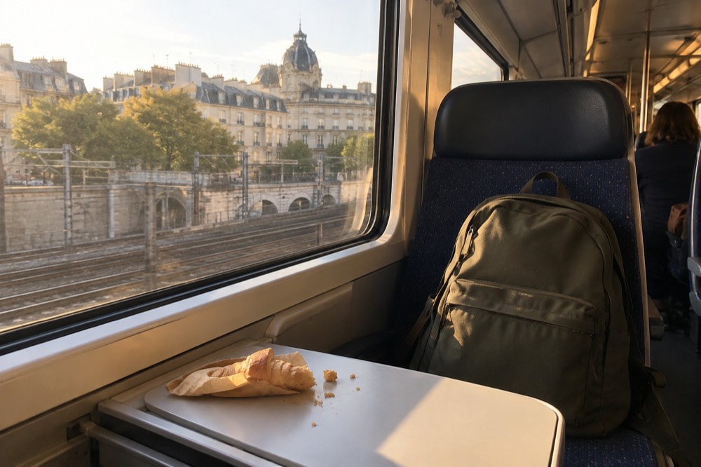 A rucksack on the seat of a Paris suburban train with rooftops passing outside