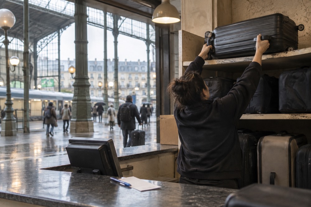 A suitcase being lifted onto a shelf behind a shop counter in Paris