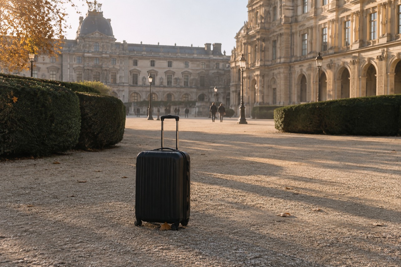 A suitcase on the wide gravel courtyard in front of the Versailles palace facade