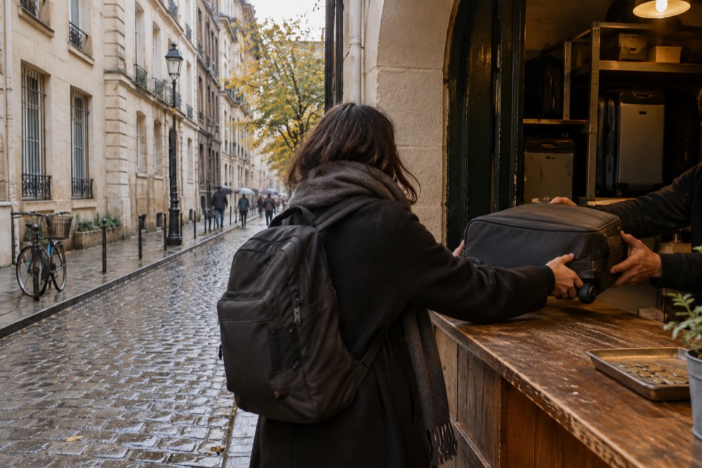 A traveller handing a suitcase across a shop counter in Paris.