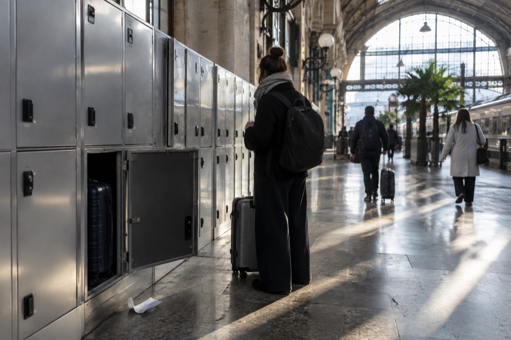 A row of self-service luggage lockers in a Paris railway station.
