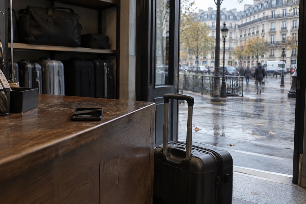 A phone resting on a Paris shop counter beside a waiting suitcase