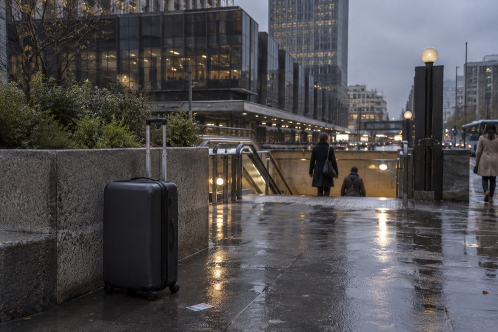 A suitcase waiting beside the entrance gates of a Paris metro station.