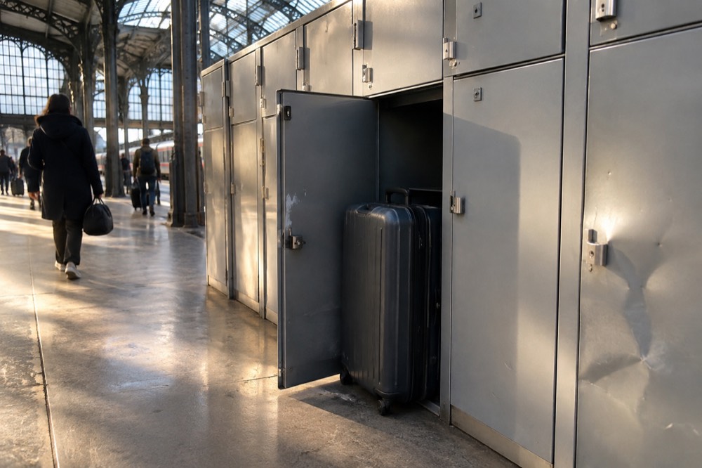 A large suitcase in a station locker bay with the door open.