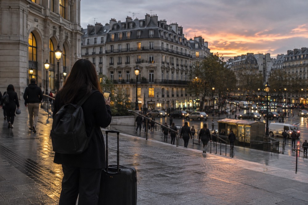 A traveller holding a phone beside a suitcase outside a Paris station entrance
