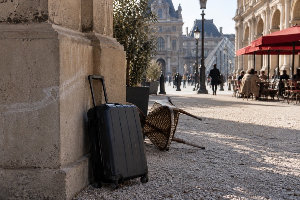 A suitcase parked against a stone wall beside a Paris street with cafe awnings