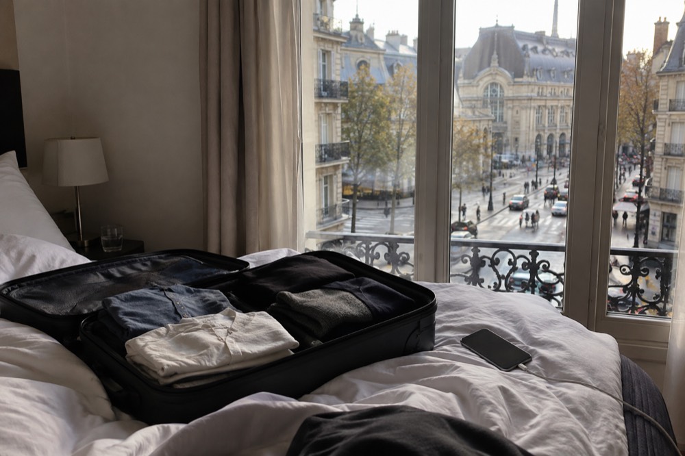 An open suitcase on a hotel room bed in the morning light