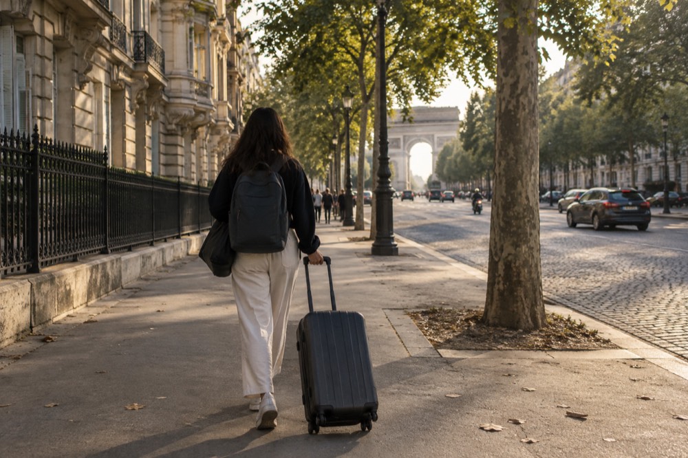 A traveller wheeling a suitcase along a wide Paris boulevard in afternoon light