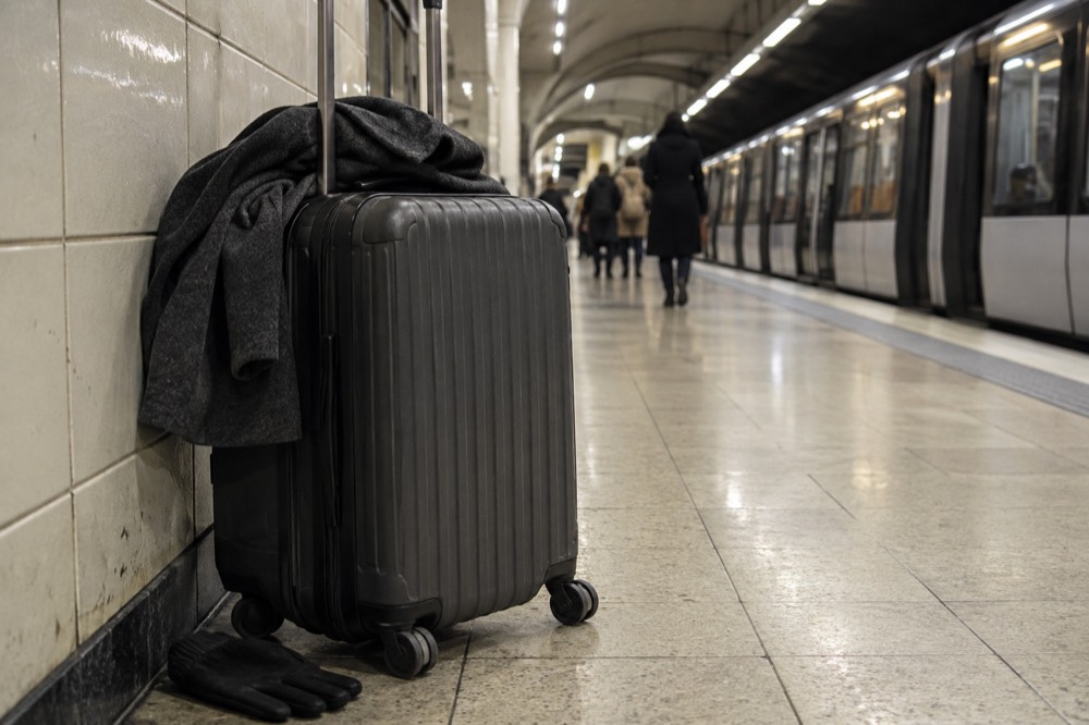 A suitcase beside a traveller on a tiled Paris Metro platform as a train waits