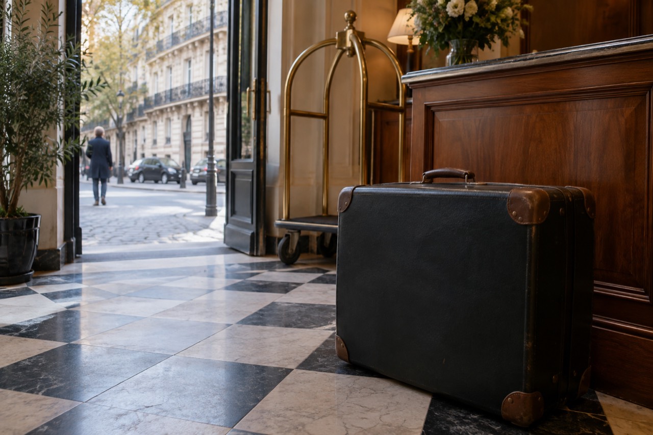 A closed suitcase standing beside a hotel reception desk in a Paris lobby
